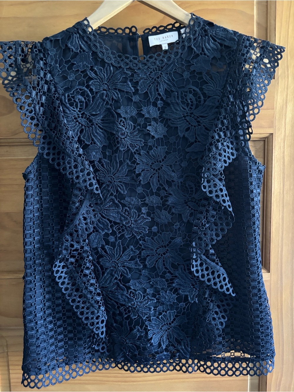 Ted Baker Navy Floral Lace Ruffle Sleeve Top - Picture 6 of 6